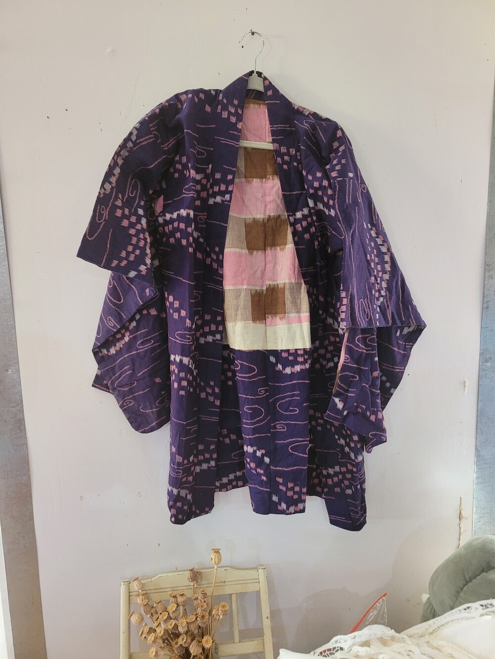 Japanese Cotton L Purple Patterned Women's Kimono Jacket with Pink Accents